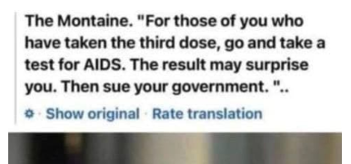 Screenshot mit englischem Text über angeblichen Zusammenhang zwischen dritter Impfdosis und AIDS-Test, mit Aufforderung die Regierung zu verklagen.